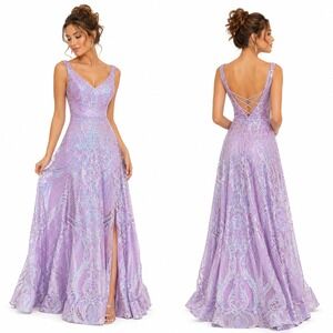 Iridescent Formal Dress Sparkly Rhinestones Open Back Fairy Mermaid Lavender 0